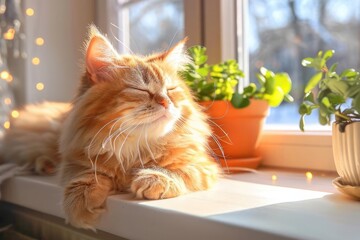 A fluffy orange cat basks in the warm sunlight next to potted plants on a windowsill, creating a cozy and serene atmosphere.