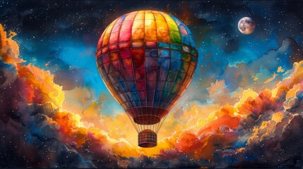 hot air balloon flies over sunset with shining moon with an enchanting space-themed atmosphere watercolor sketch background
