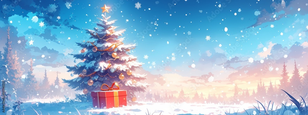 Wall mural Background for Christmas and New Year greeting cards with small Christmas tree and gifts. New Year background, marketing campaign, artificial intelligence generated. , 4k HD wallpapers, backgrounds, g