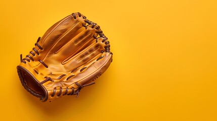 Well-worn brown leather baseball glove on a bright yellow background.