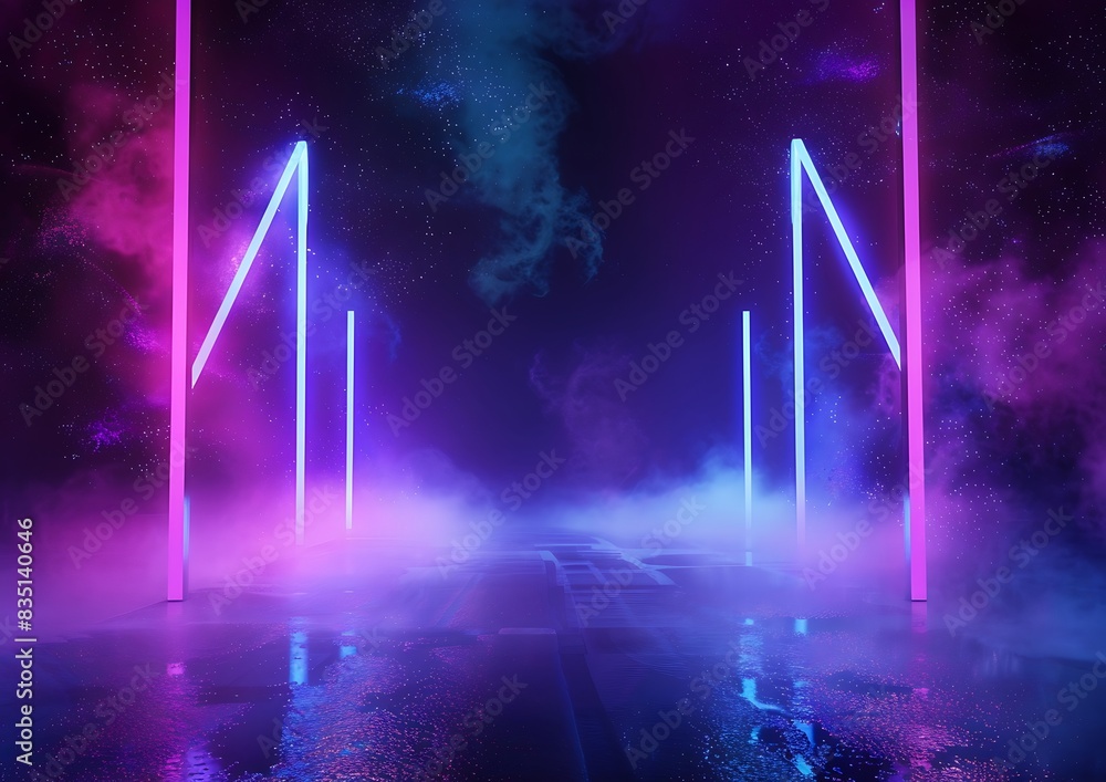 Poster empty background scene. dark street reflection on wet asphalt. rays of neon light in the dark, neon 