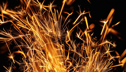 Fire sparks on black background. Dangerous and hot flame. Close-up.