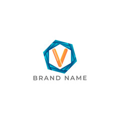 ILLUSTRATION LETTER V WITH GEOMETRIC HEXAGON GRADIENT BLUE ORANGE COLOR TECH LOGO ICON TEMPLATE DESIGN VECTOR