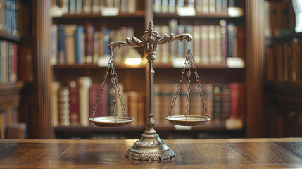 portrait of the brass balance scale in a scholarly or legal setting, showing the scale on a wooden desk with blurred stacks of books in the background
