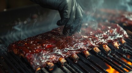 A barbecue pitmaster smoking pork ribs in a traditional smoker, with hickory wood chips smoldering and infusing the meat with rich flavor.