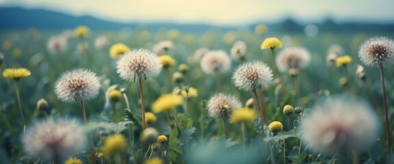 Light summer spring pastel nature background with lots of dandelions in a pastel blue meadow with soft selective focus.