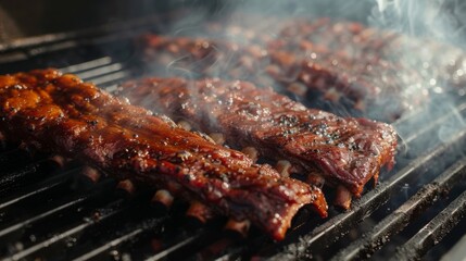 A barbecue pitmaster smoking pork ribs in a traditional smoker, with hickory wood chips smoldering and infusing the meat with rich flavor.