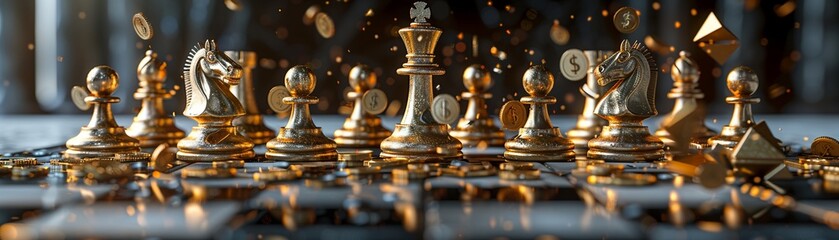 A chessboard where the pieces are gold bars and currency symbols with the king piece being a vault door and shattered pieces around representing economic turmoil