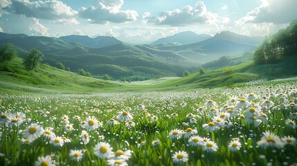 Obraz premium Rolling hills carpeted in lush greenery, dotted with vibrant patches of daisies