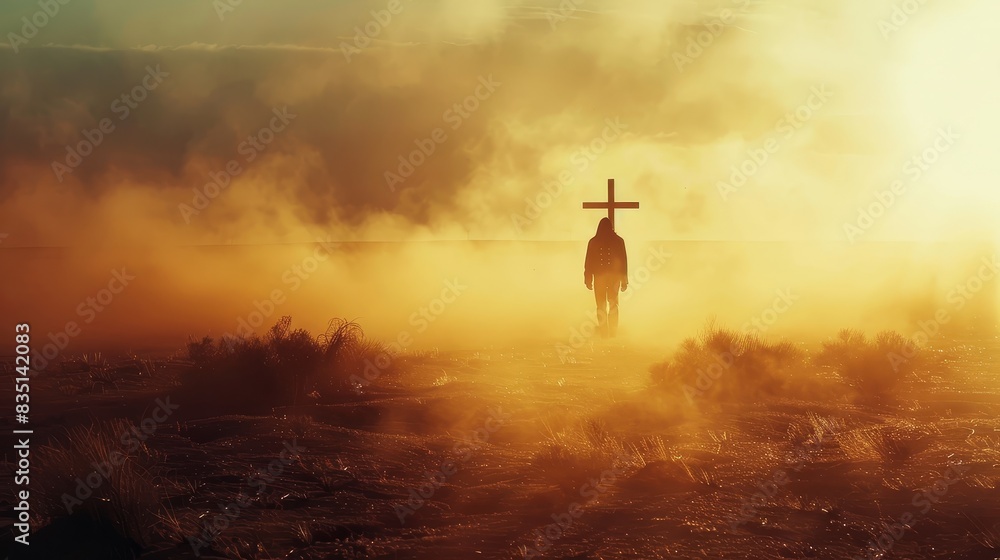 Wall mural powerful silhouette of a man standing alone in a dusty desert, holding a cross and illuminated by th - Wall murals