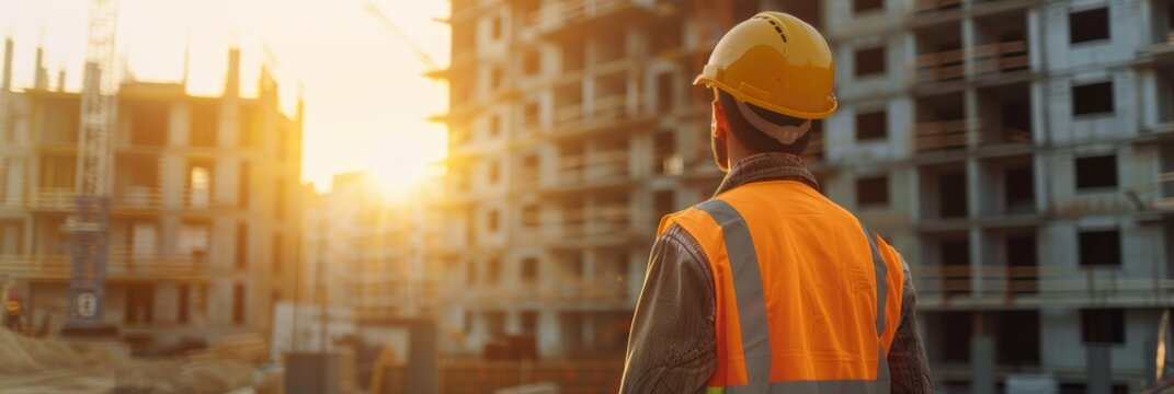 Construction engineer inspecting a site with hard hat - Copy space available