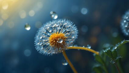Beautiful dew drops on a dandelion seed macro Beautiful blue background Large golden dew drops on a parachute dandelion Soft dreamy tender artistic image form.