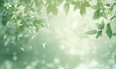 Obraz premium A soft, pastel green background with delicate leaves floating in the air, creating an atmosphere of tranquility and nature-inspired elegance for product packaging