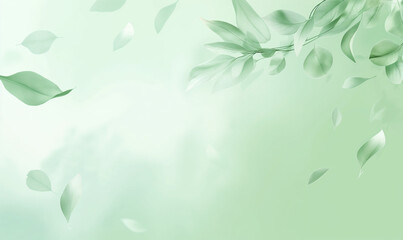 A soft, pastel green background with delicate leaves floating in the air, creating an atmosphere of tranquility and nature-inspired elegance for product packaging