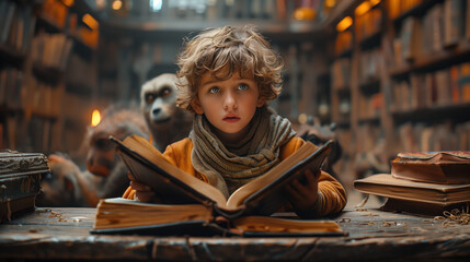 Fototapeta premium Well-Dressed Boy Reading Calmly in an Old Library with Mysterious Creatures Behind