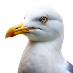 Obraz premium Detailed close-up of a seagull showcasing its yellow beak and striking blue eyes against a transparent background