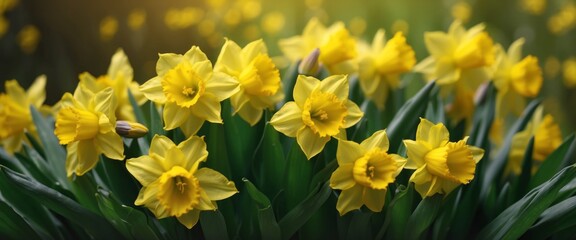 Fototapeta premium Beautiful bouquet of yellow daffodils flowers and butterfly on natural green-yellow background close-up outdoors Elegant refined image of beauty of nature.