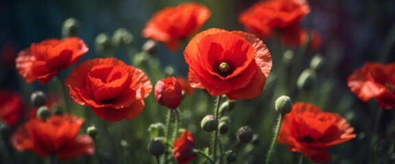 Fototapeta premium Beautiful red flowers and buds of poppies in spring in the outdoors in the summer evening Bright elegant expressive artistic image, the soft blurred dark background close-up macro.