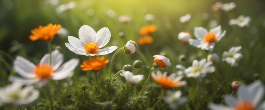 Beautiful spring floral background with copy space Spring white forest flowers anemones in grass and orange butterfly in nature fresh morning outdoors macro.