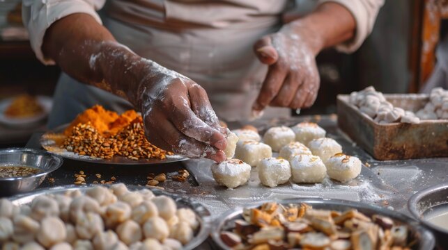 A chef preparing traditional Indian sweets like barfi, peda, and ladoo in a kitchen, molding the sweet confections into intricate shapes and garnishing them with nuts and edible silver foil.