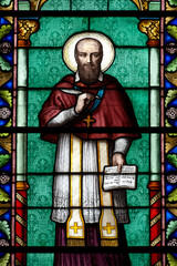 A stained glass of Saint Francis de Sales, founder of the Visitation Order. Vitrail de Saint...