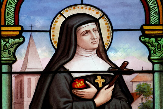 A stained glass of St. Jane Frances de Chantal, founder of the Visitation Order. Vitrail de Sainte Jeanne de Chantal,fondateur de la Visitation.