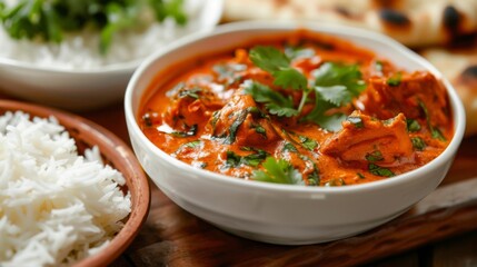 A close-up of a fragrant bowl of butter chicken curry garnished with cilantro leaves, served with fluffy basmati rice and garlic naan bread on a wooden table.
