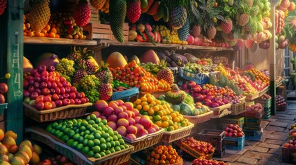 A colorful fruit market stall brimming with a variety of exotic fruits, creating a lively and bustling scene.