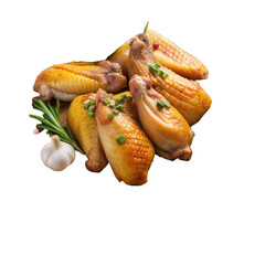 Golden brown grilled chicken wings garnished with fresh herbs and garlic, ready to serve