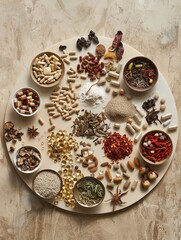 Fototapeta premium An aerial perspective captures a circle of traditional Chinese medicines arranged on a light brown surface, offering holistic support for wellbeing, high resolution DSLR