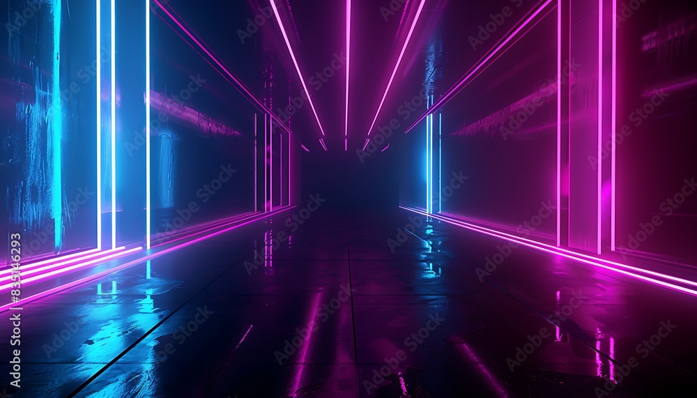 Poster futuristic sci-fi abstract blue and purple neon light shapes on black background and reflective conc
