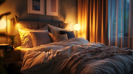 A cozy bedroom with a comfortable bed, soft pillows, and warm blankets, illuminated by soft bedside lamps for a serene ambiance.