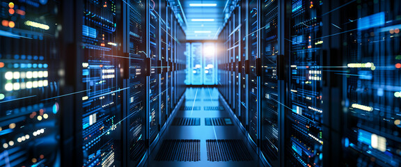 Working Data Center Full of Rack Servers and Supercomputers, Interior server room, Network hardware. Internet hardware. Room with racks for network equipment