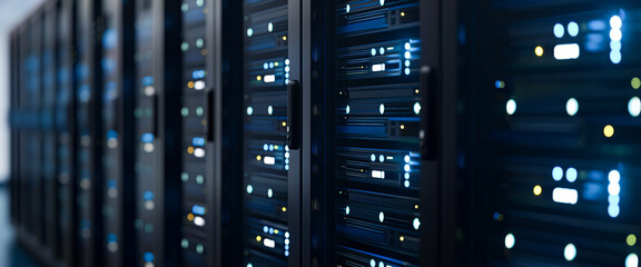 Working Data Center Full of Rack Servers and Supercomputers, Interior server room, Network hardware. Internet hardware. Room with racks for network equipment