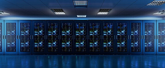 Working Data Center Full of Rack Servers and Supercomputers, Interior server room, Network hardware. Internet hardware. Room with racks for network equipment