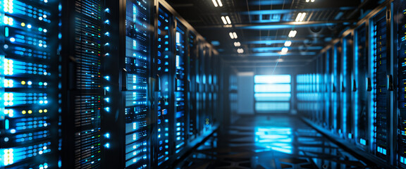 Working Data Center Full of Rack Servers and Supercomputers, Interior server room, Network hardware. Internet hardware. Room with racks for network equipment