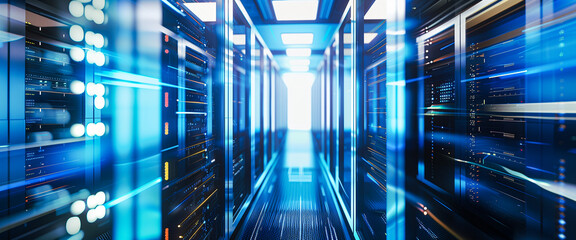 Working Data Center Full of Rack Servers and Supercomputers, Interior server room, Network hardware. Internet hardware. Room with racks for network equipment