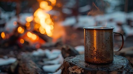 Intimate view of a steaming metal coffee cup, with a roaring campfire providing a warm, inviting backdrop