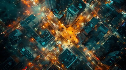 Obraz premium Glowing Cityscape: Aerial Night View of Illuminated Urban Grid and Skyscrapers