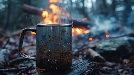 Intimate view of a steaming metal coffee cup, with a roaring campfire providing a warm, inviting backdrop