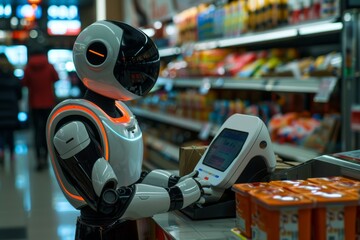 A futuristic droid cashier efficiently scans items at the checkout counter of a high-tech supermarket, providing a friendly and efficient shopping experience for customers