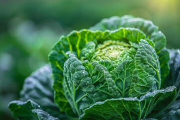 An exquisite photo capturing a close-up view of a prize-winning organic cabbage, highlighting its crisp, green leaves and immaculate growth, set against the backdrop of a thriving farm