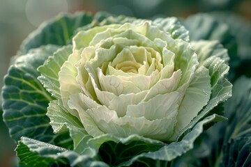 Fototapeta premium An exquisite photo capturing a close-up view of a prize-winning organic cabbage, highlighting its crisp, green leaves and immaculate growth, set against the backdrop of a thriving farm