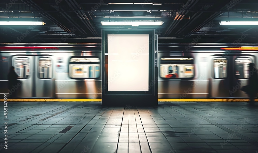 Poster mock up poster media template ads display in nyc train subway station with moving train on backgroun