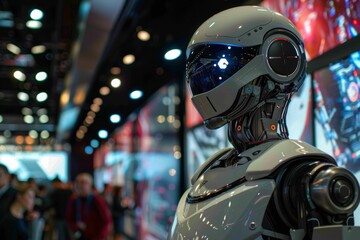 Fototapeta premium A high-tech conference featuring human-robot surrogates interacting with attendees, showcasing the latest advancements in surrogate technology amidst a backdrop of digital displays and futuristic