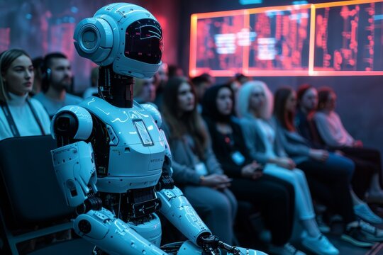 A sci-fi inspired conference with a diverse group of AI robots and metahumans exchanging ideas on future technology, highlighted by sophisticated design and immersive holographic visuals