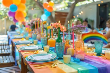 A lively Pride Month birthday party with participants wearing rainbow attire, enjoying a beautifully set table with themed decorations, capturing the spirit of celebration and acceptance