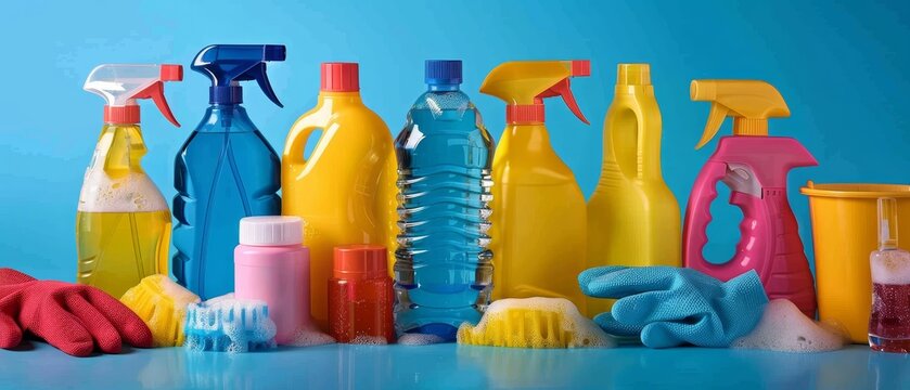 Display of cleaning tools like gels sprays and gloves for housecleaning