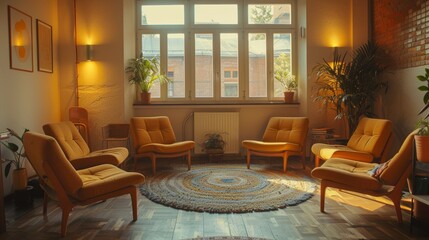 Group therapy setup in a psychologist's office, chairs arranged in a circle, calm and inviting environment for meaningful conversations