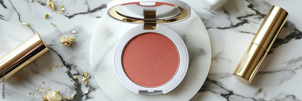Poster a close-up image of a compact powder and blush set on a marble surface. the set features a white and